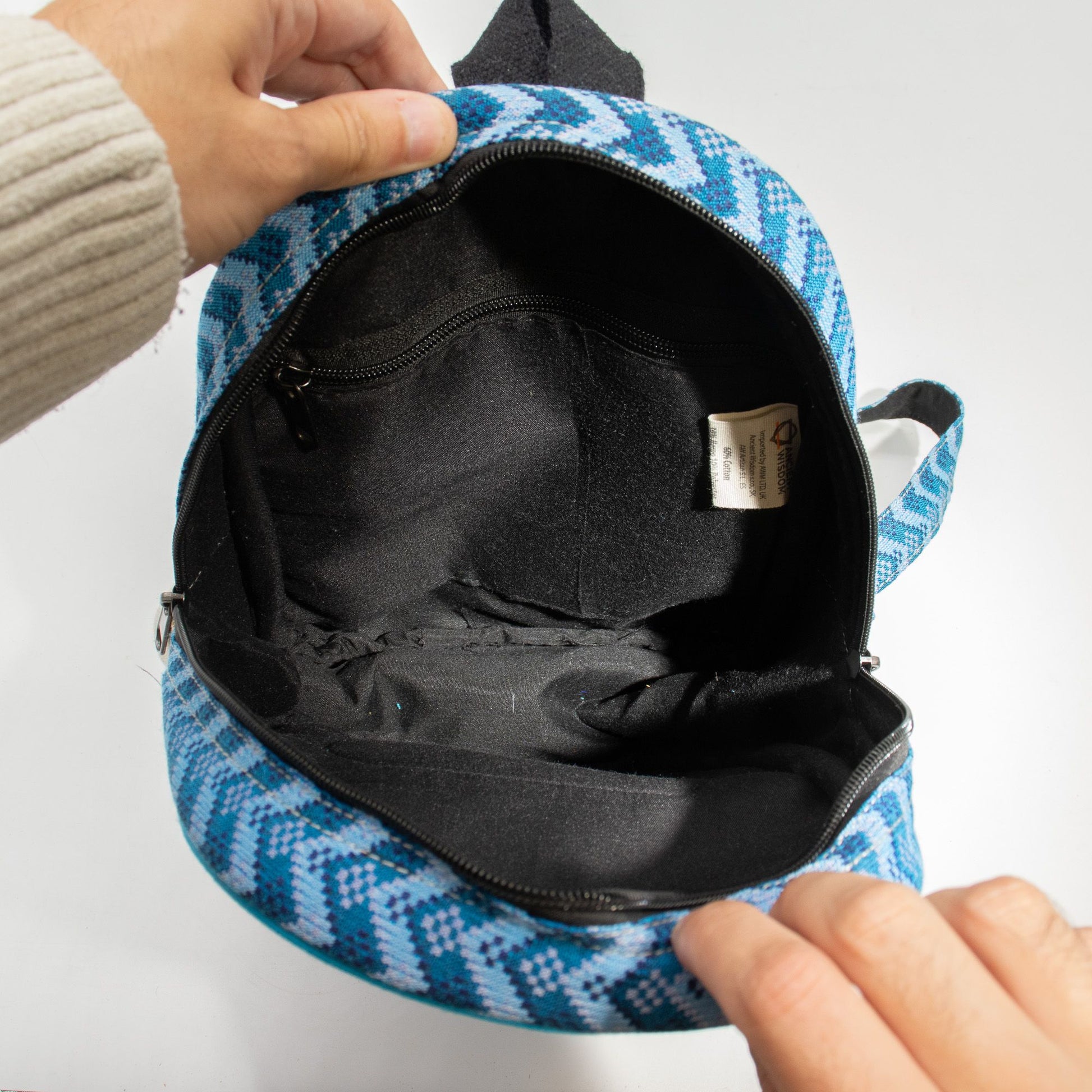 Medium Kathmandu hemp backpack with blue Dhaka design, alternate product view 7 from Quintessential Holistic Health.