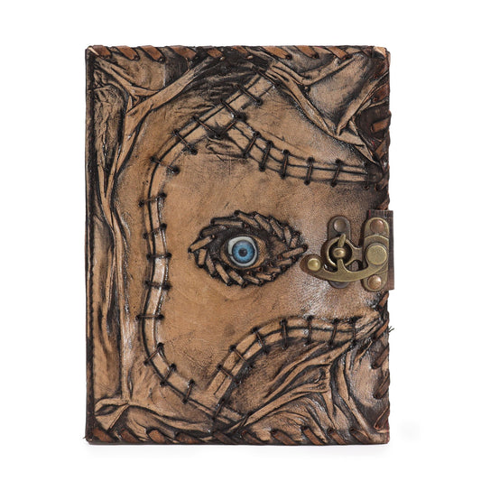 Handmade Leather-Bound Eco-Friendly Deckle Edged Notebook with Metal Clasp - Large / Tan / Evil Eye