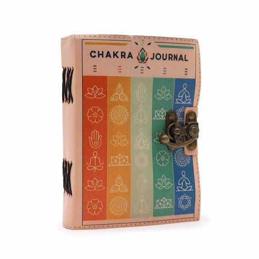 Handmade Leather-Bound Eco-Friendly Deckle Edged Notebook with Metal Clasp - Medium / Multicolour / Seven Chakras