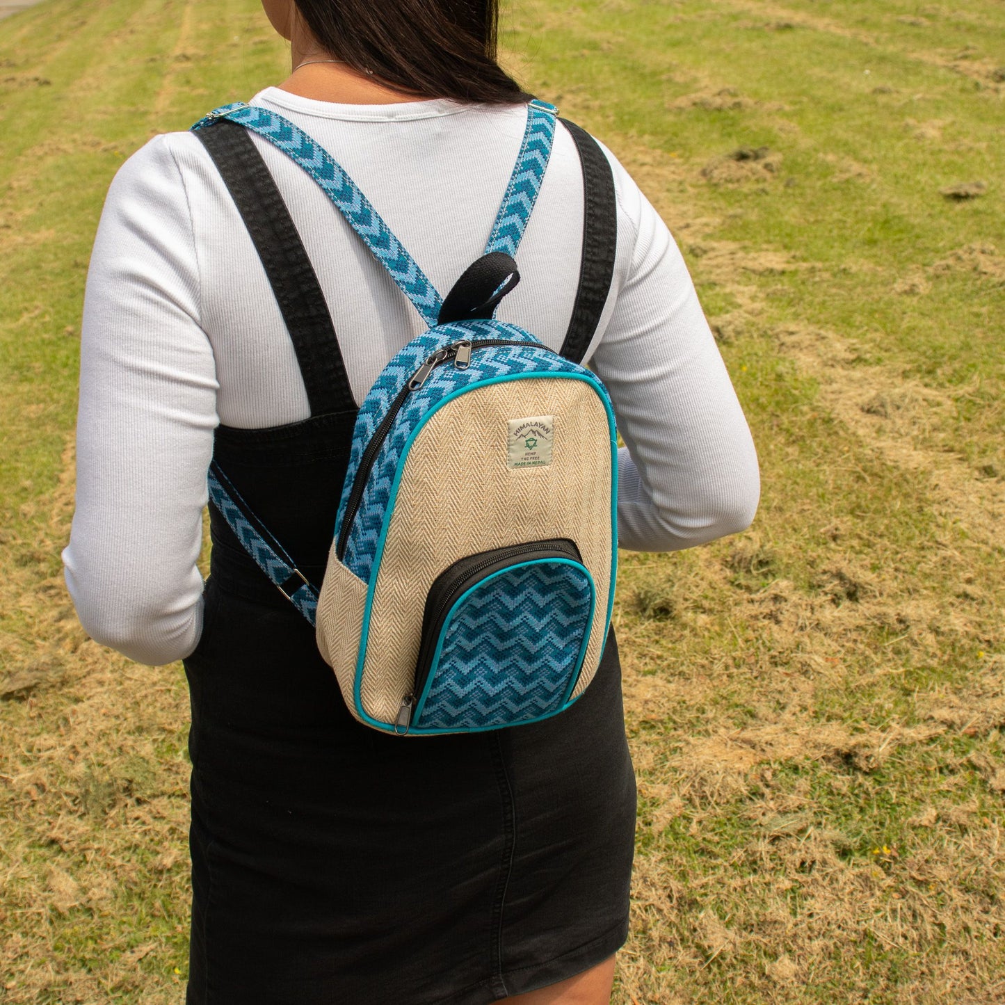 Medium Kathmandu hemp backpack with blue Dhaka design, alternate product view 10 from Quintessential Holistic Health.