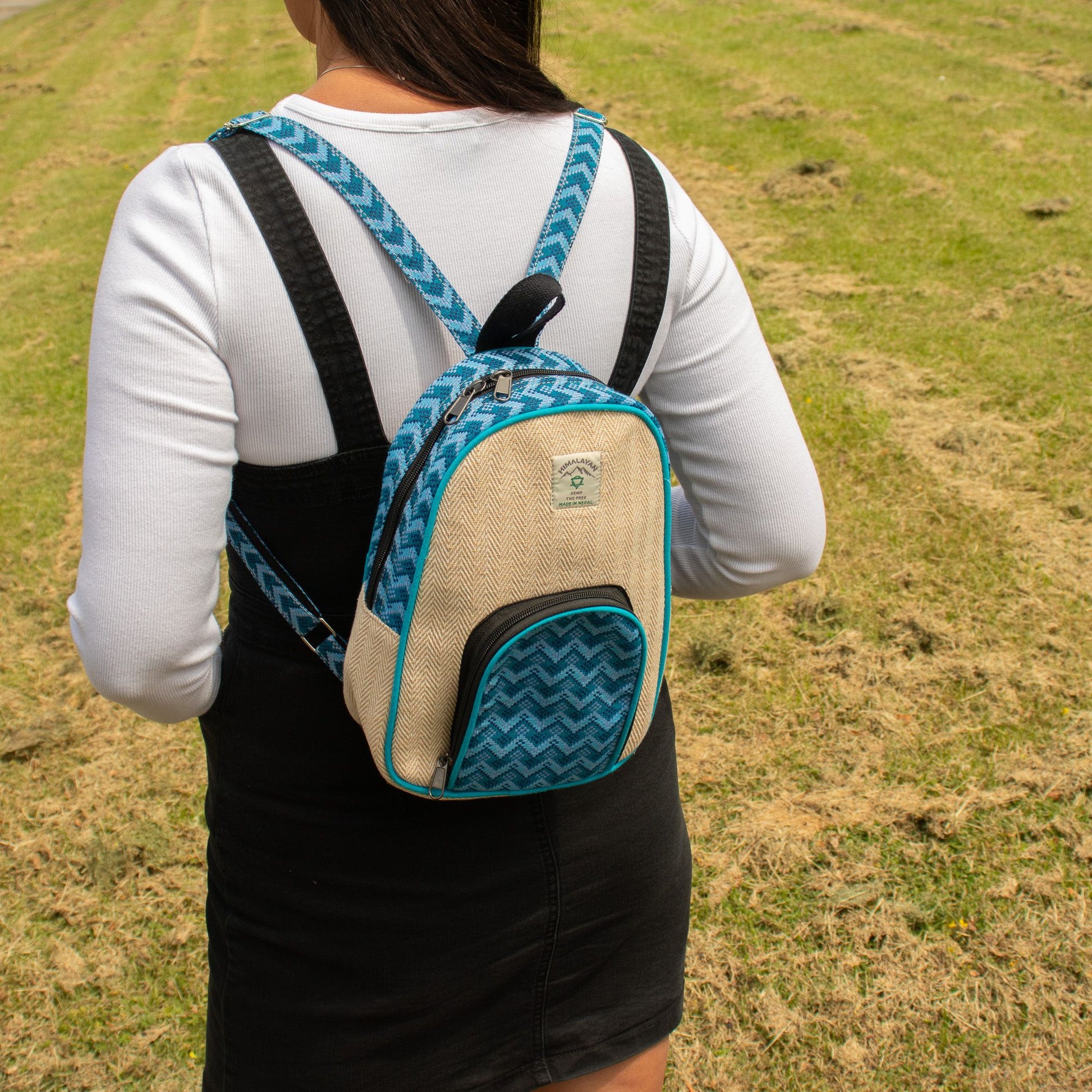 Medium Kathmandu hemp backpack with blue Dhaka design, alternate product view 10 from Quintessential Holistic Health.