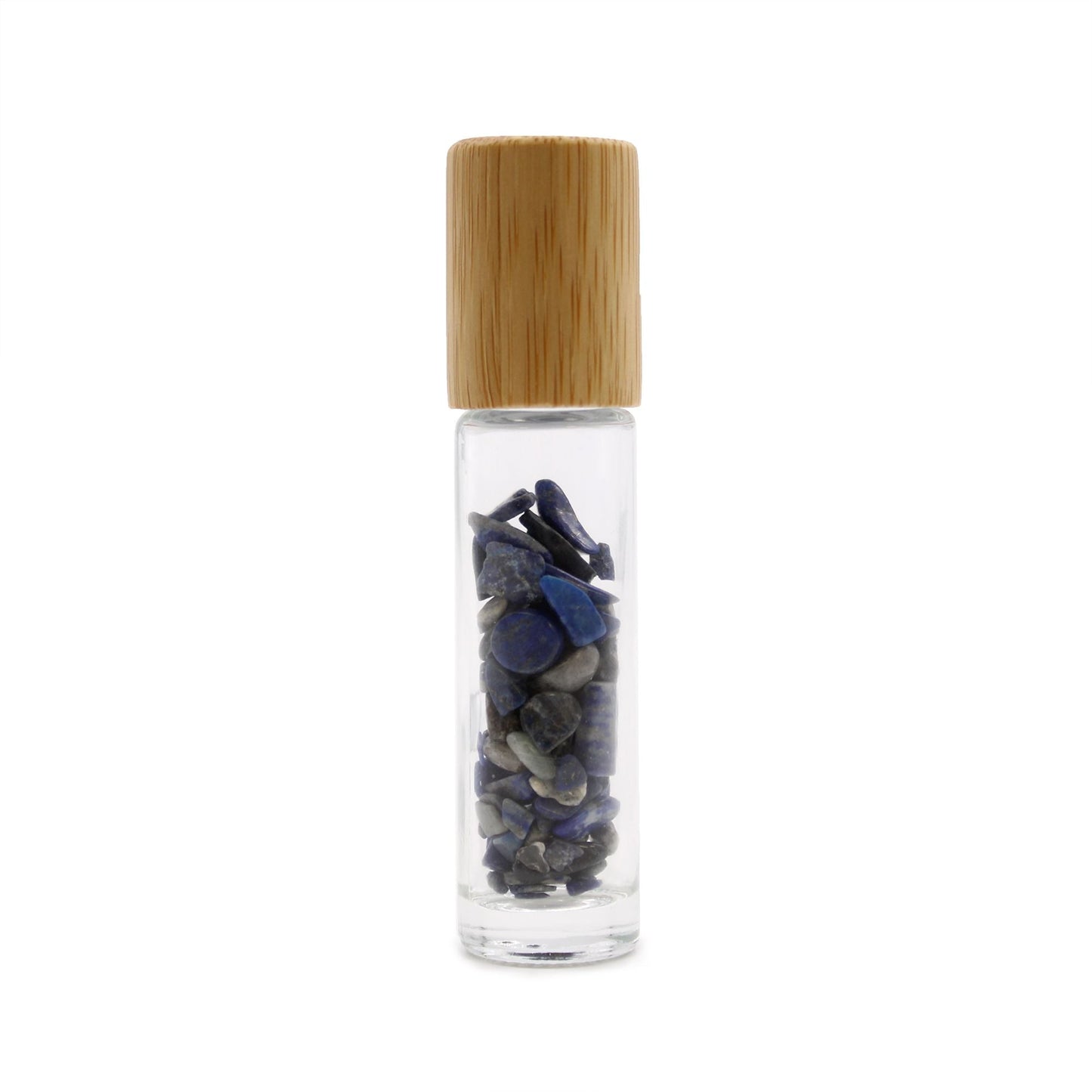 Sodalite 10ml gemstone roller bottle with wooden cap and visible stone pieces, main product view from Quintessential Holistic Health.