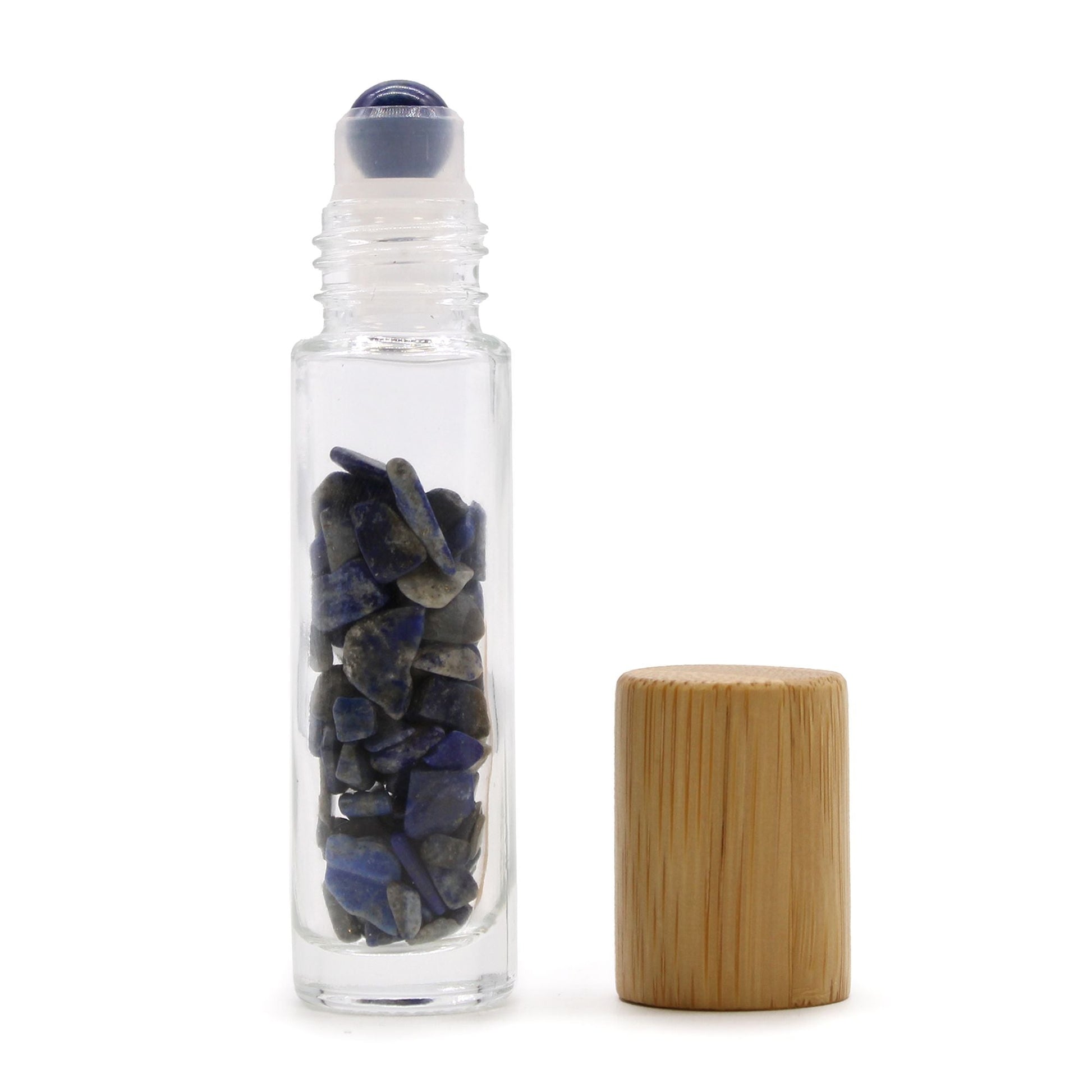 Sodalite 10ml gemstone roller bottle with wooden cap and visible stone pieces, product detail view from Quintessential Holistic Health.
