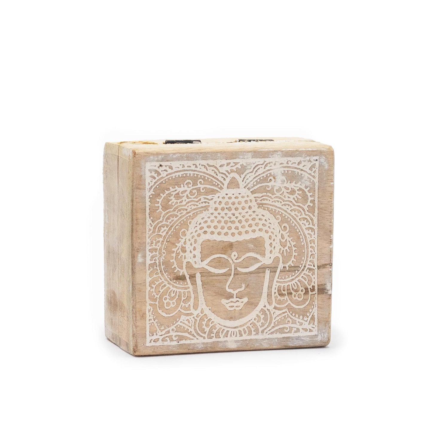 Natural Mango Wooden Keepsake Box- Small / Square / Whitewash / Buddha Head