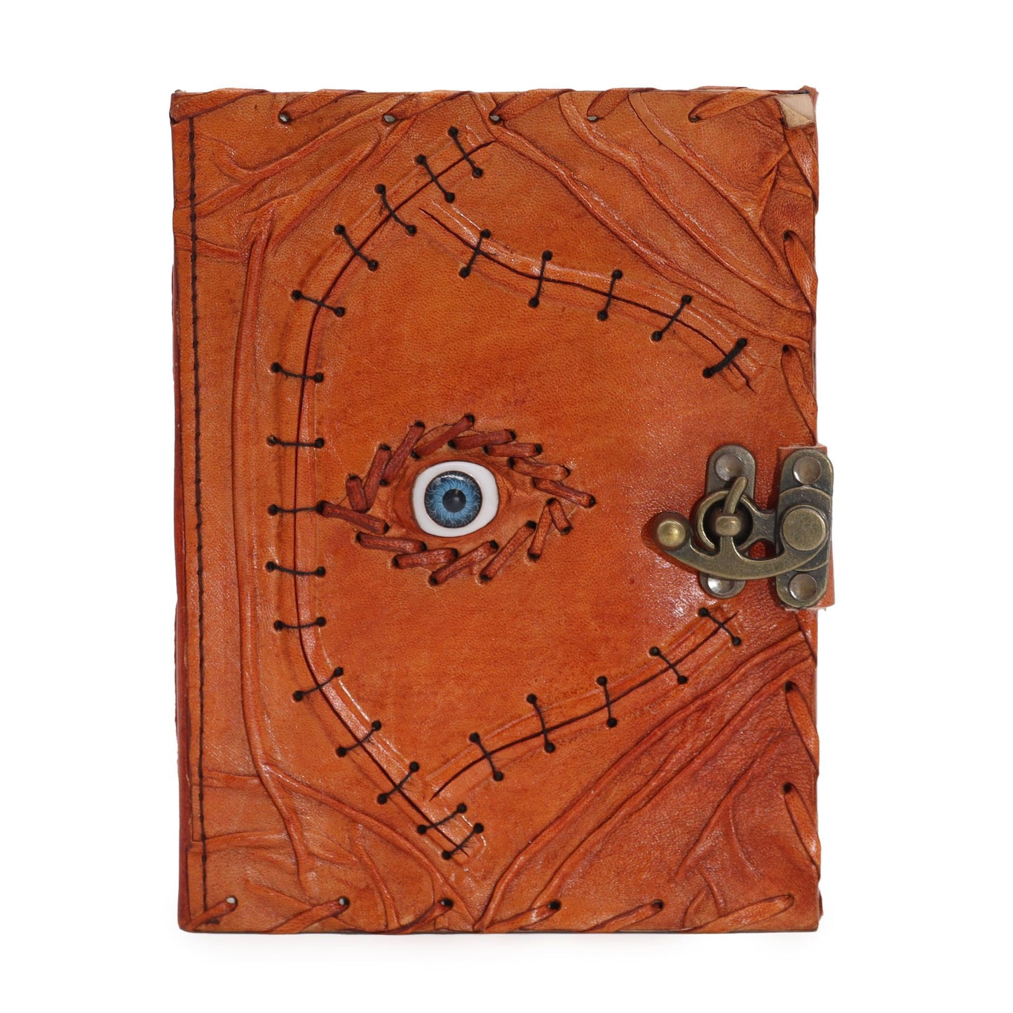Handmade Leather-Bound Eco-Friendly Deckle Edged Notebook with Metal Clasp - Large / Light Brown / Evil Eye