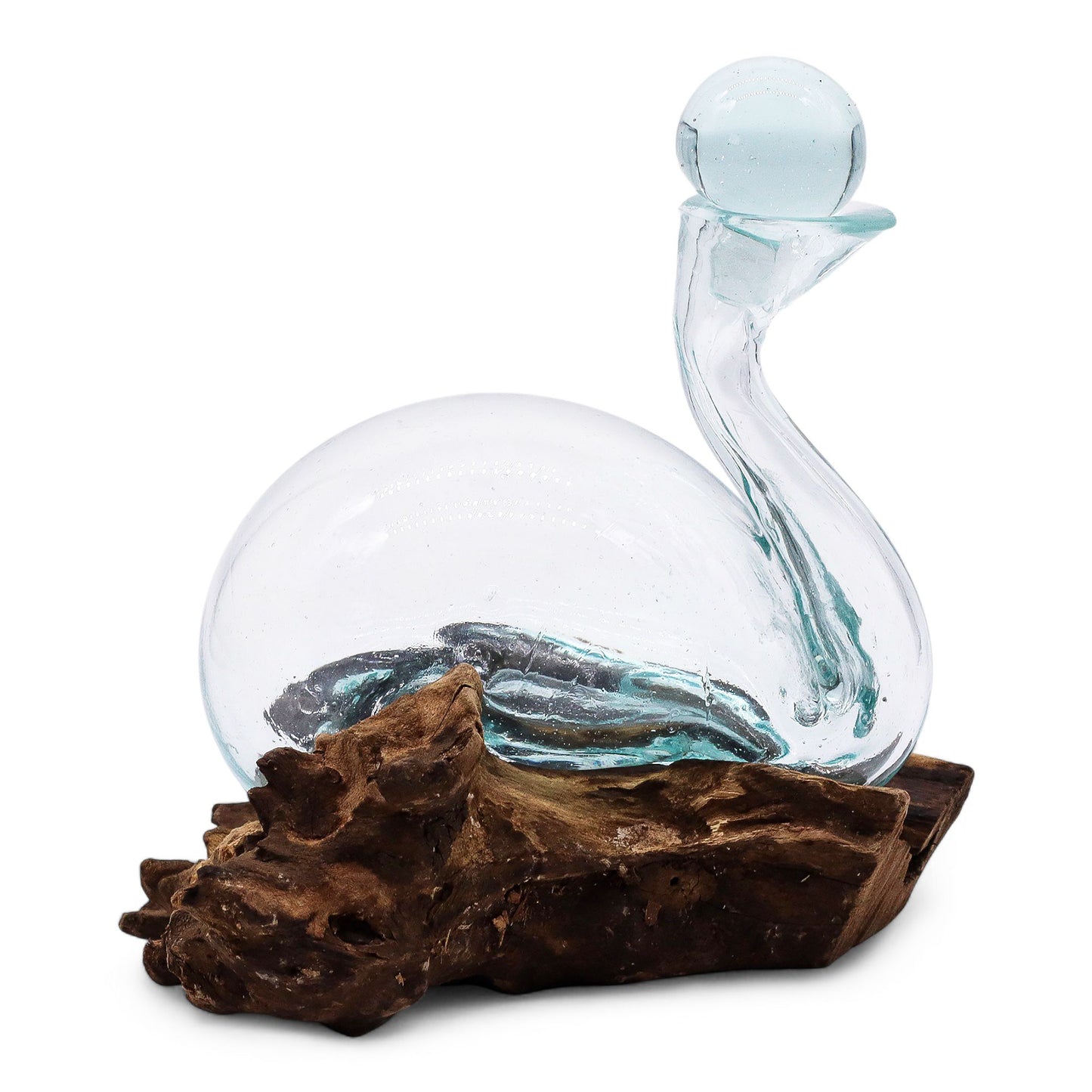 500ml Handmade Molten Recycled Glass Duck Shaped Decanter on Wood - Small / Clear / Light Blue