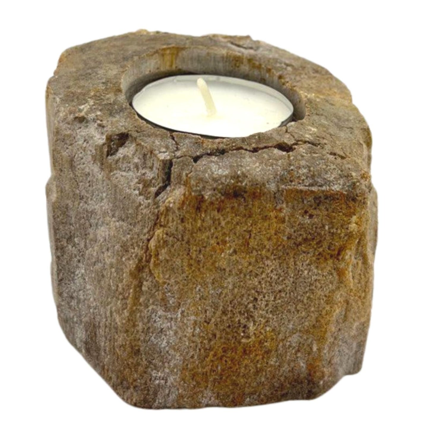 Hand Carved Petrified Wooden Tea Light Candle Holder - Single / Low