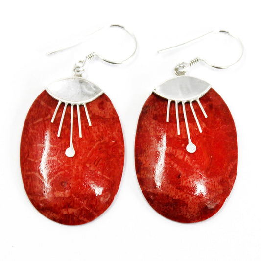 Handmade Red Coral Resin and 925 Silver Earrings - Oval Decor