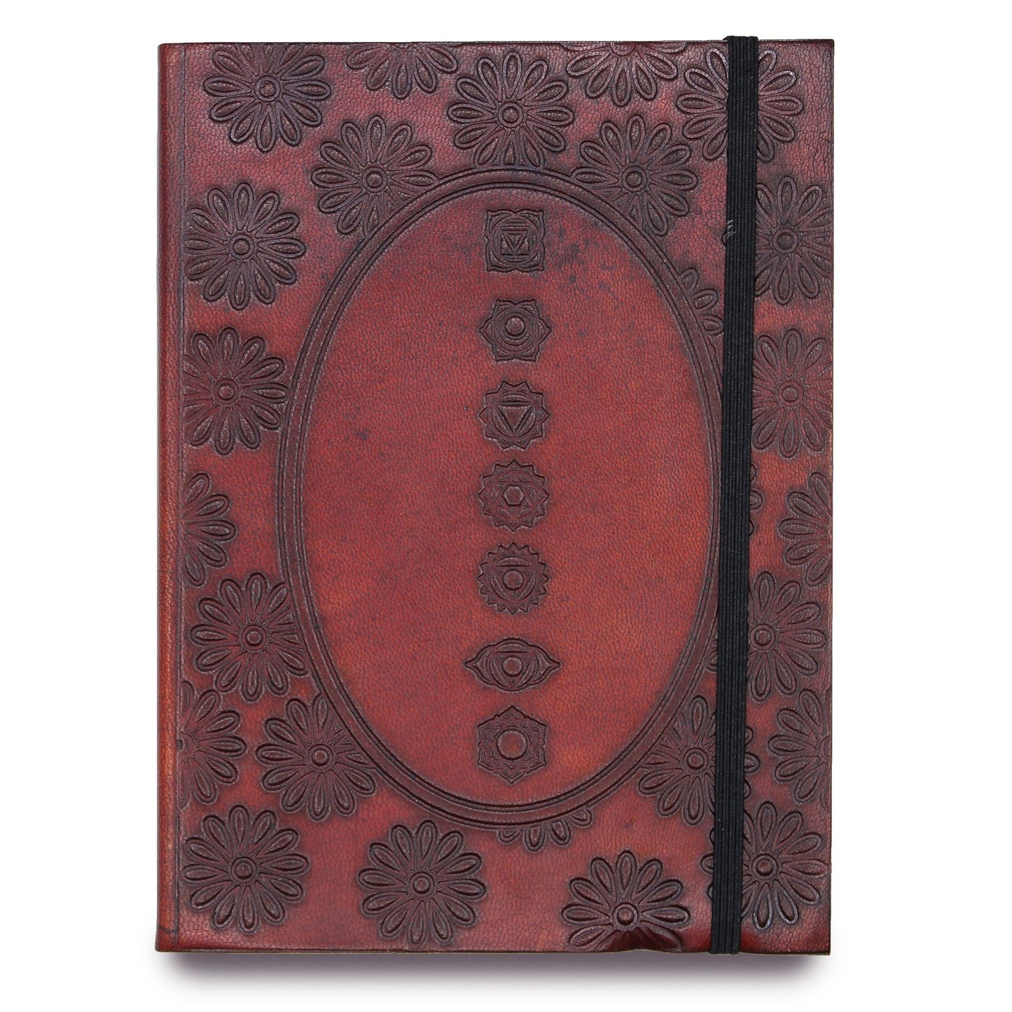 Handmade Vegetable Tanned Leather-Bound Eco-Friendly Notebook with Wrap - Medium / Burgundy / Chakra Mandala