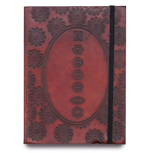Handmade Vegetable Tanned Leather-Bound Eco-Friendly Notebook with Wrap - Medium / Burgundy / Chakra Mandala