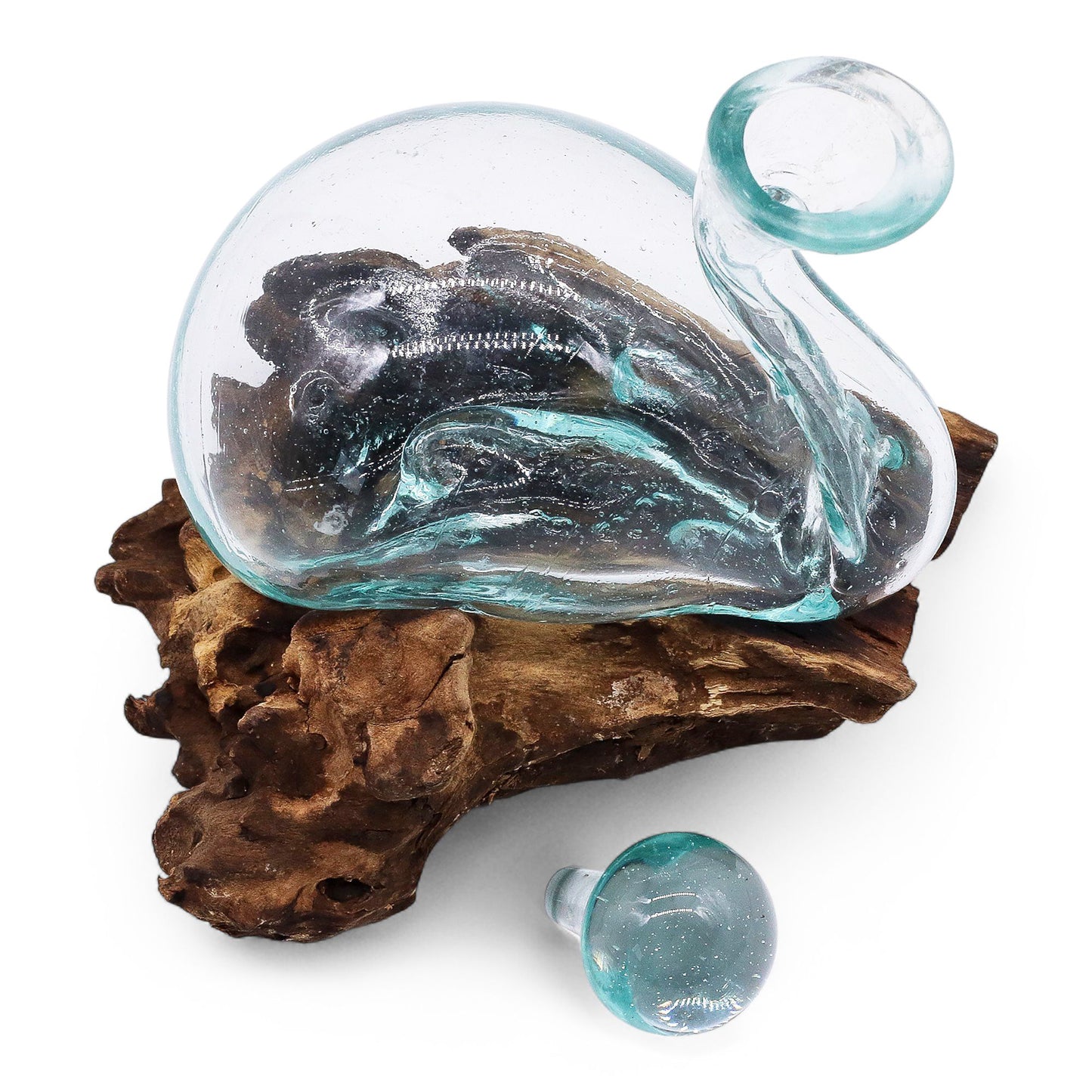 500ml Handmade Molten Recycled Glass Duck Shaped Decanter on Wood - Small / Clear / Light Blue