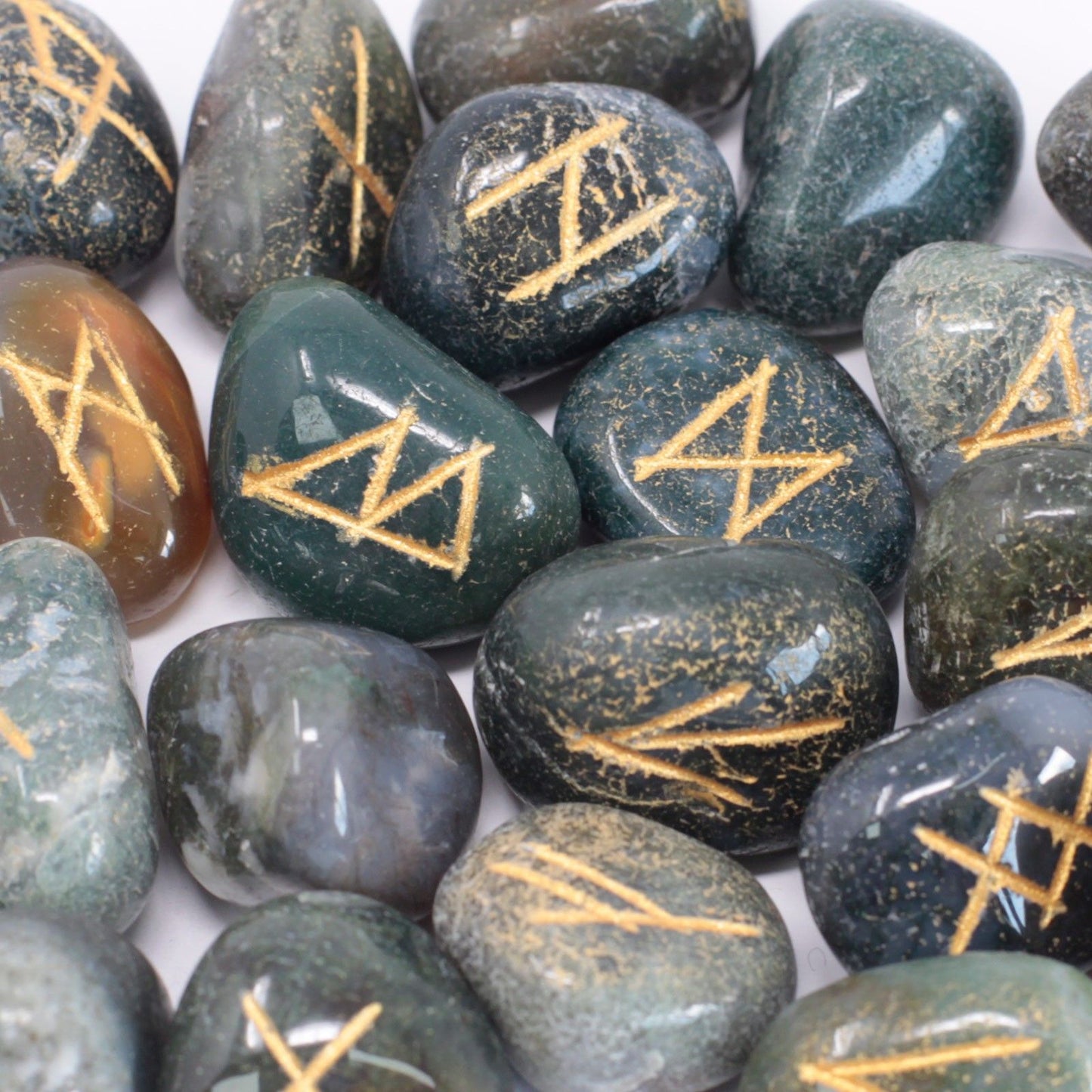 Rune Stone Set in a Pouch - Moss Agate Gemstones