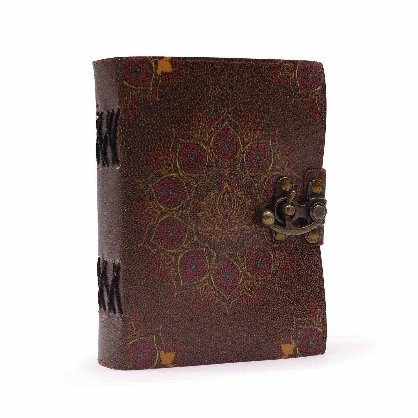 Handmade Leather-Bound Eco-Friendly Deckle Edged Notebook with Metal Clasp - Medium / Brown / Lotus Mandala