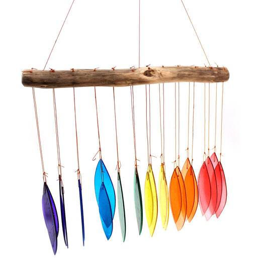 Handmade Driftwood and Recycled Glass Wind Chime - Rainbow / Multicoloured