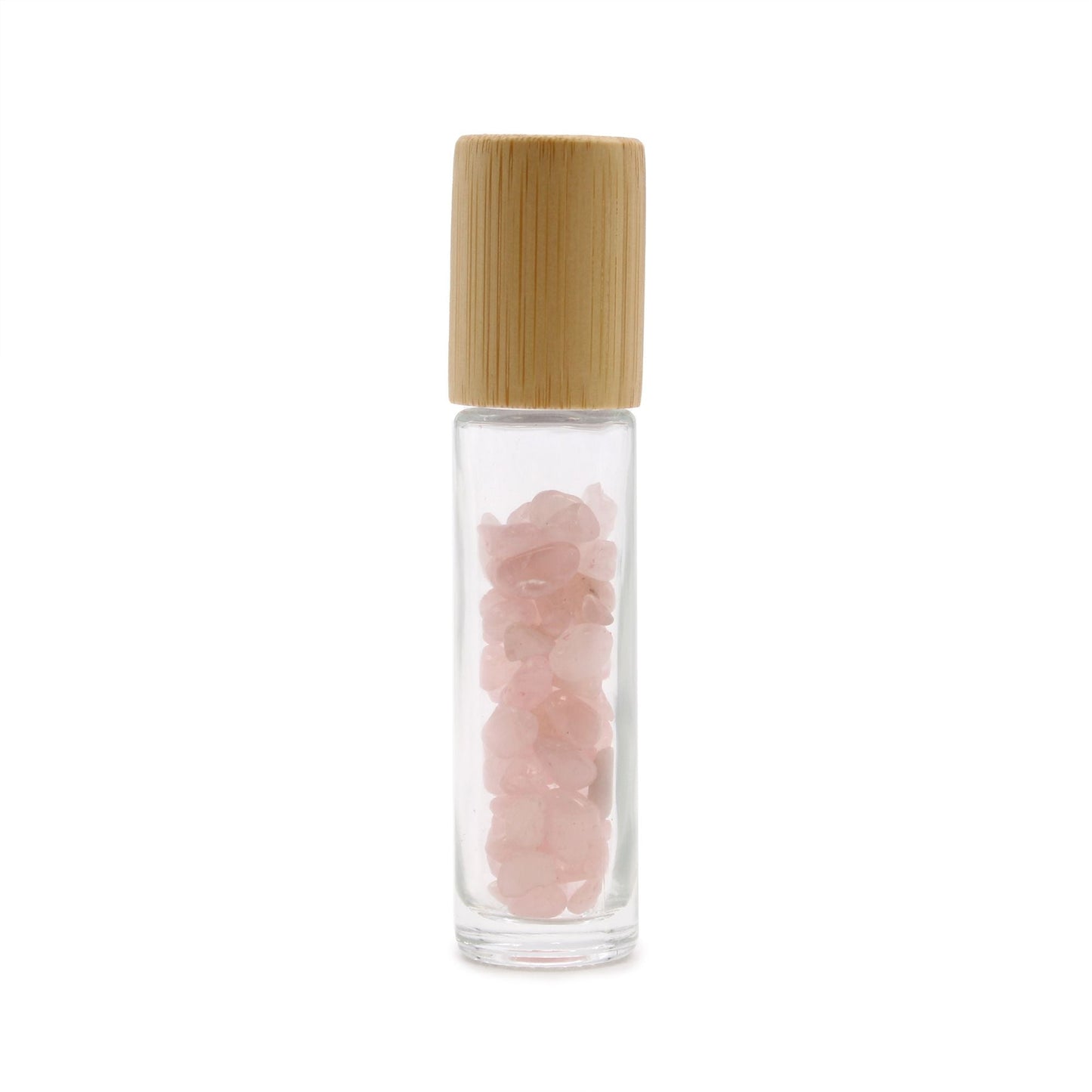 Rose Quartz 10ml gemstone roller bottle with wooden cap and visible stone pieces, main product view from Quintessential Holistic Health.