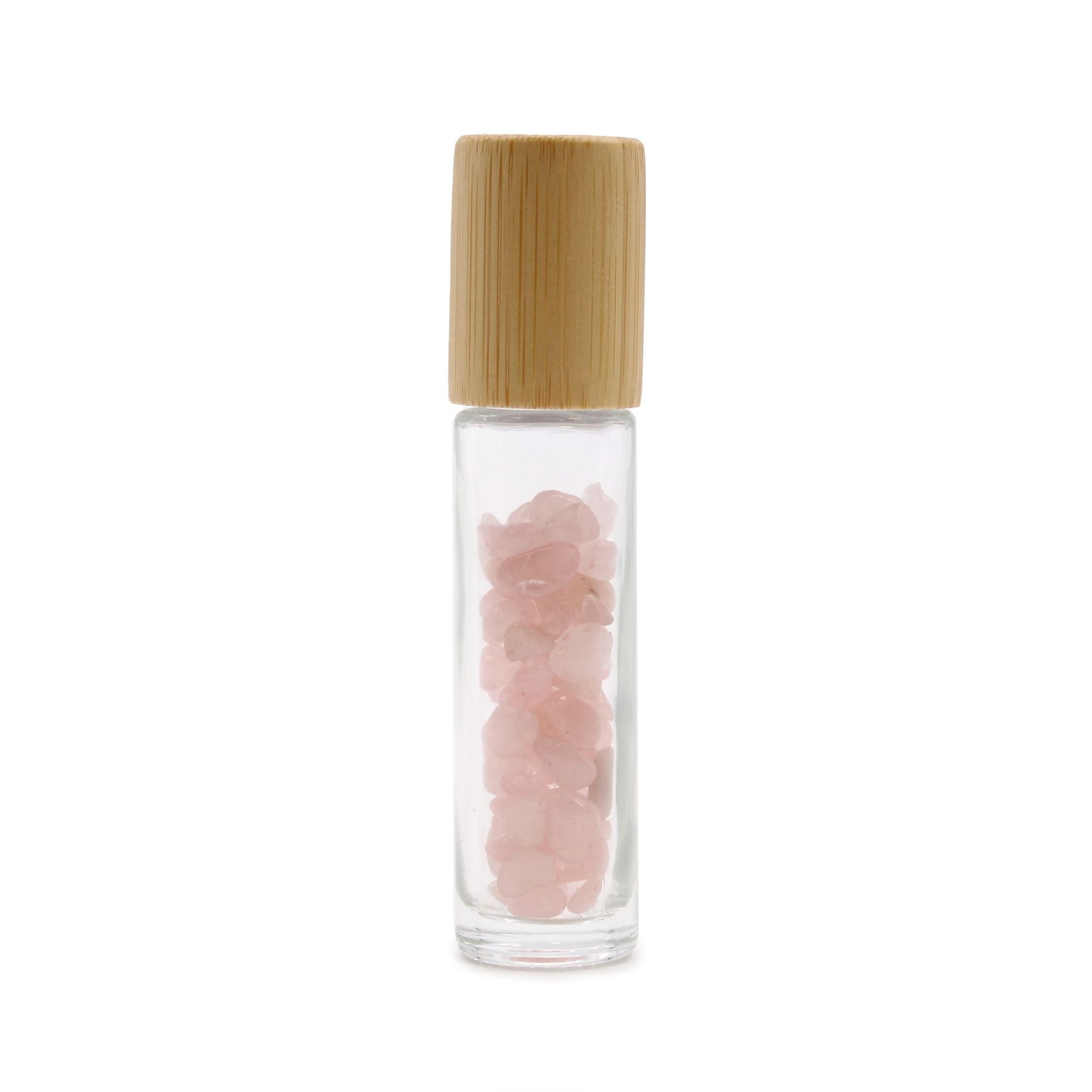 Rose Quartz 10ml gemstone roller bottle with wooden cap and visible stone pieces, main product view from Quintessential Holistic Health.