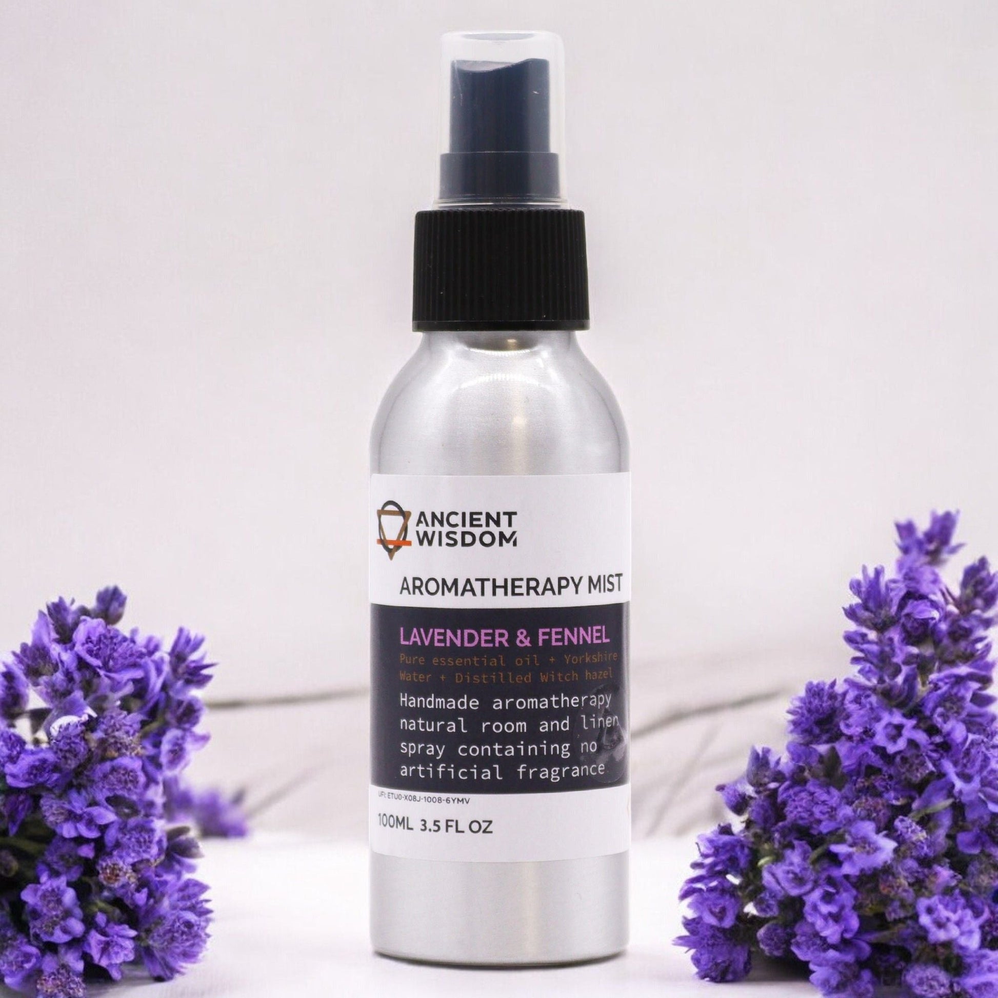 Lavender & Fennel 100ml essential oil mist in aluminium spray bottle, alternate product view from Quintessential Holistic Health.