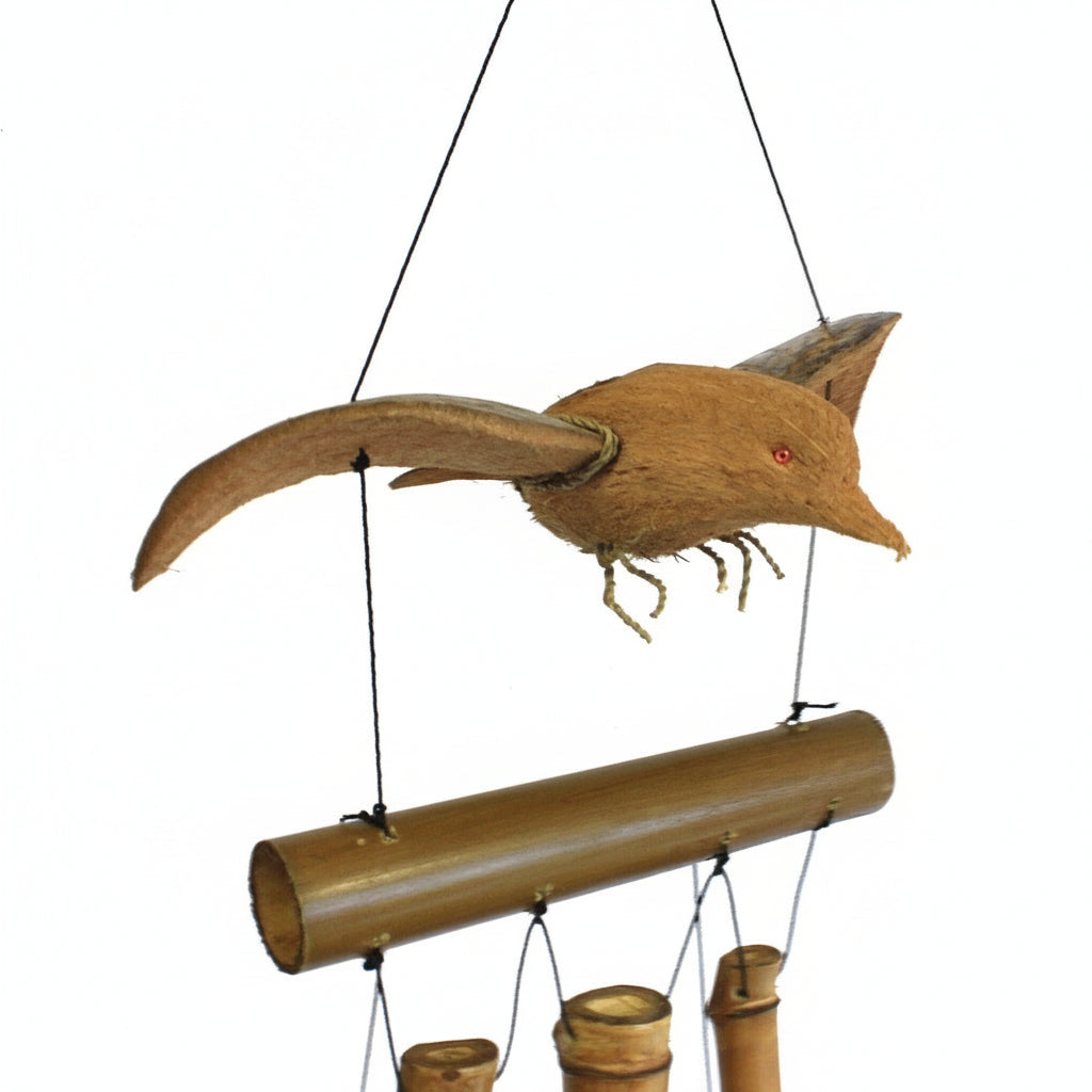 Handcrafted Coconut Shell and Bamboo Wind Chime - Blackbird