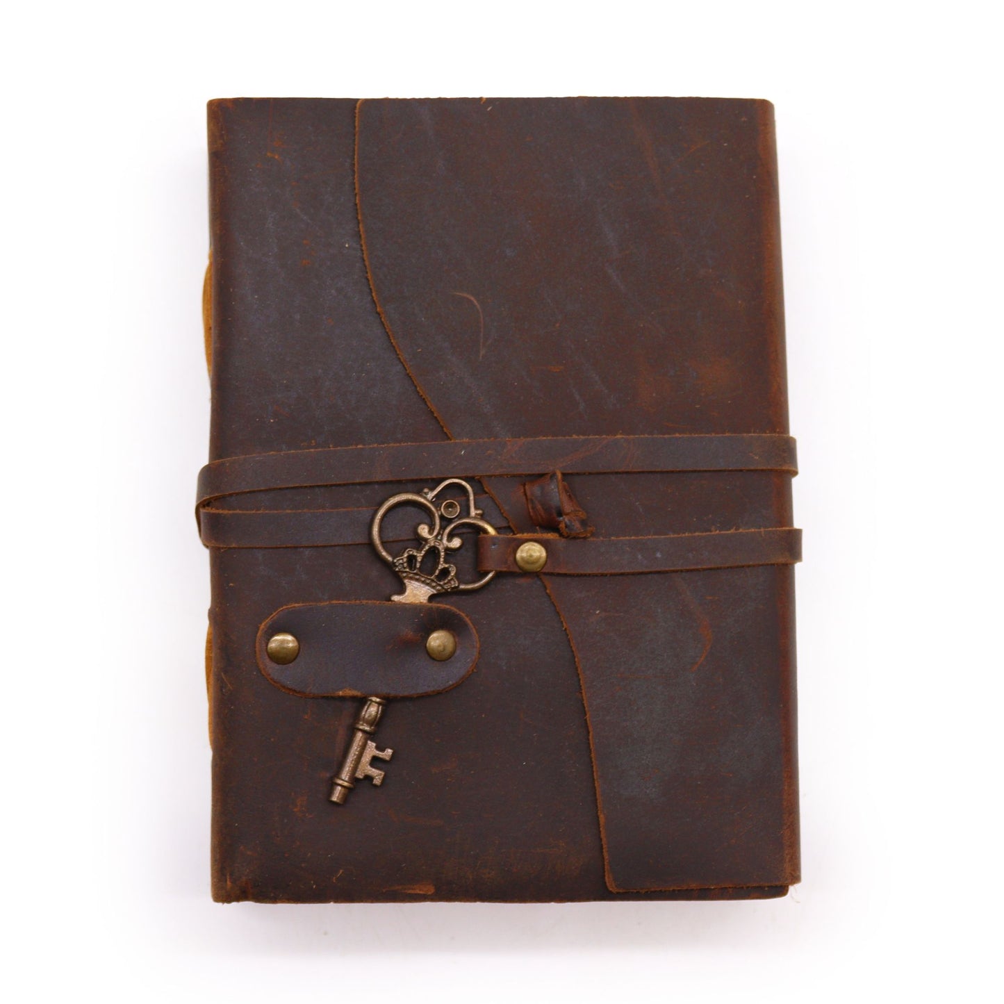 Handmade Oiled Leather-Bound Eco-Friendly Deckle Edged Notebook with Strap and Key - Medium / Brown