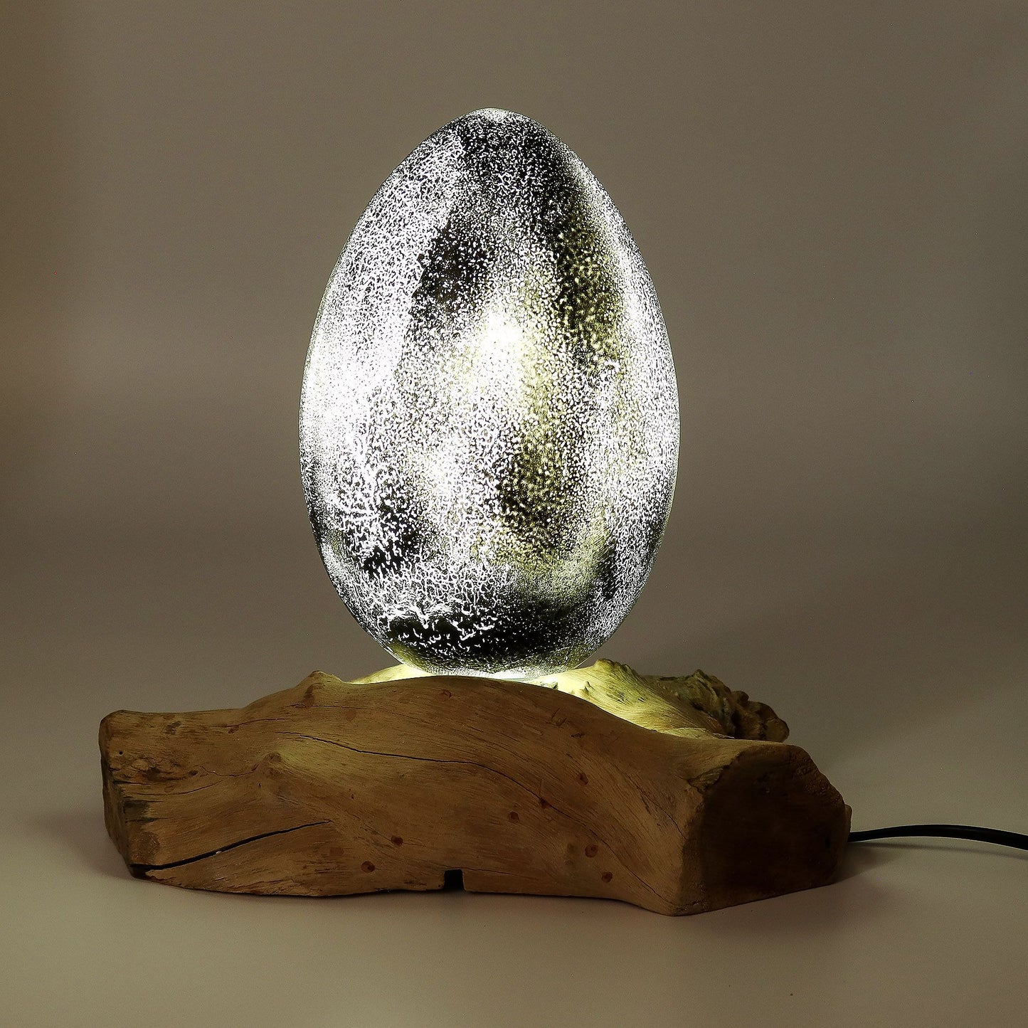 Natural Driftwood LED Glow Lamp - Crackle Lava Egg Shade / Grey