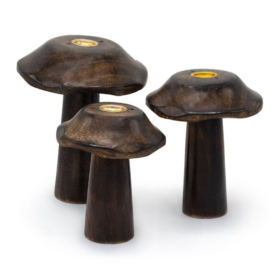 Set of 3 Mango Wood Incense Holders - Flat Mushrooms