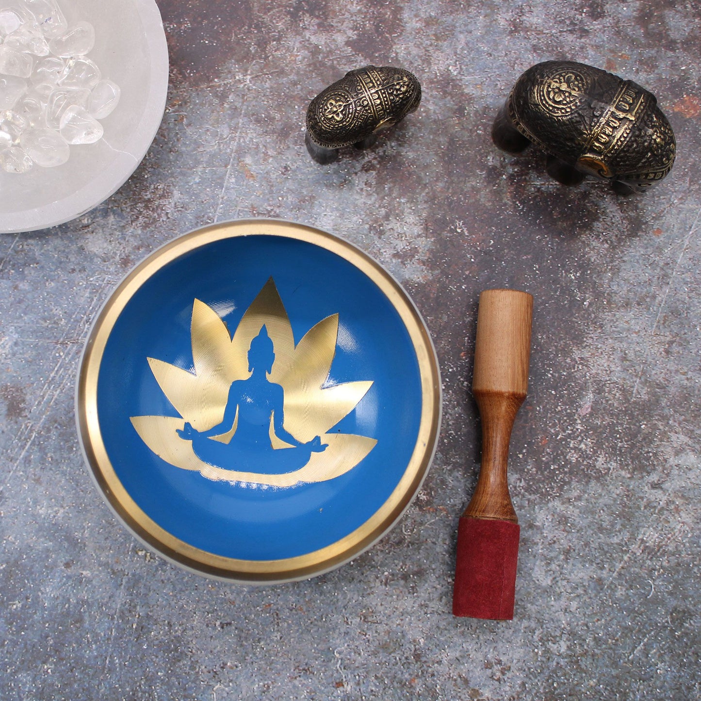 14cm Brass Singing Bowl Set - Yoga Poses / White and Blue