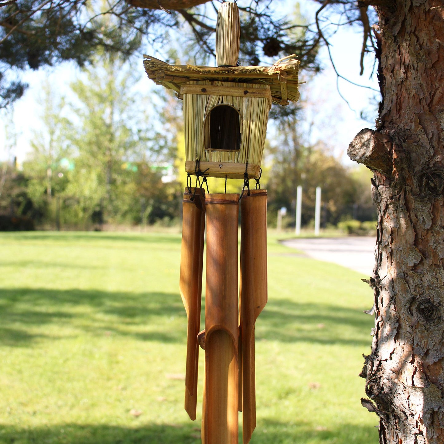 Handcrafted Seagrass and Bamboo Wind Chime Bird Box -  Medium / Square