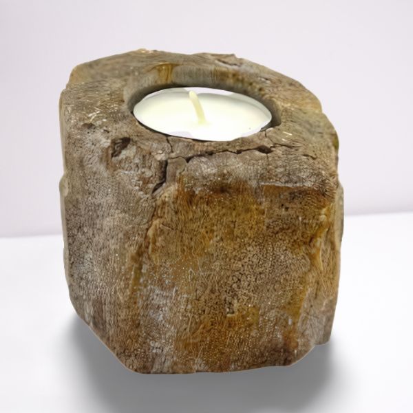 Hand Carved Petrified Wooden Tea Light Candle Holder - Single / Low
