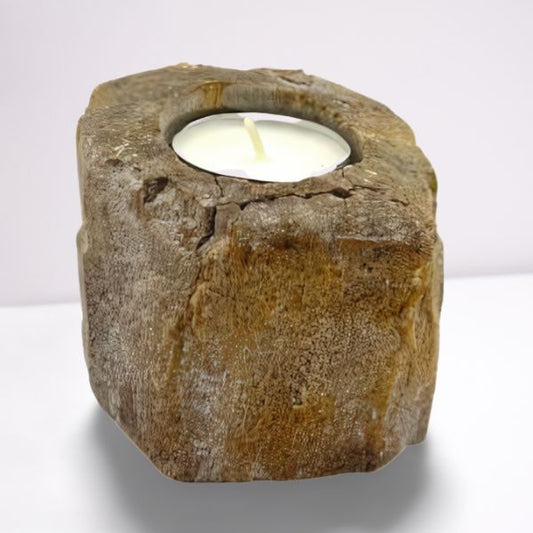 Hand Carved Petrified Wooden Tea Light Candle Holder - Single / Low
