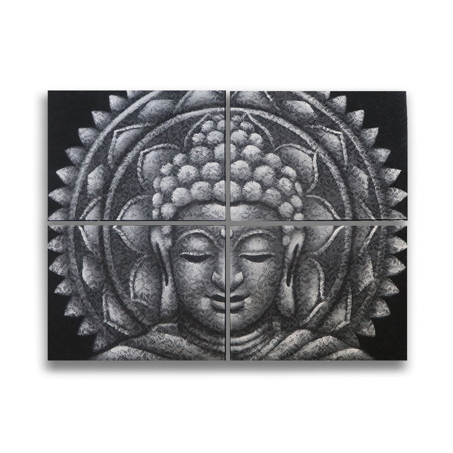 Set of 4 Hand Painted Buddha Mandala - Grey Brocade Detail