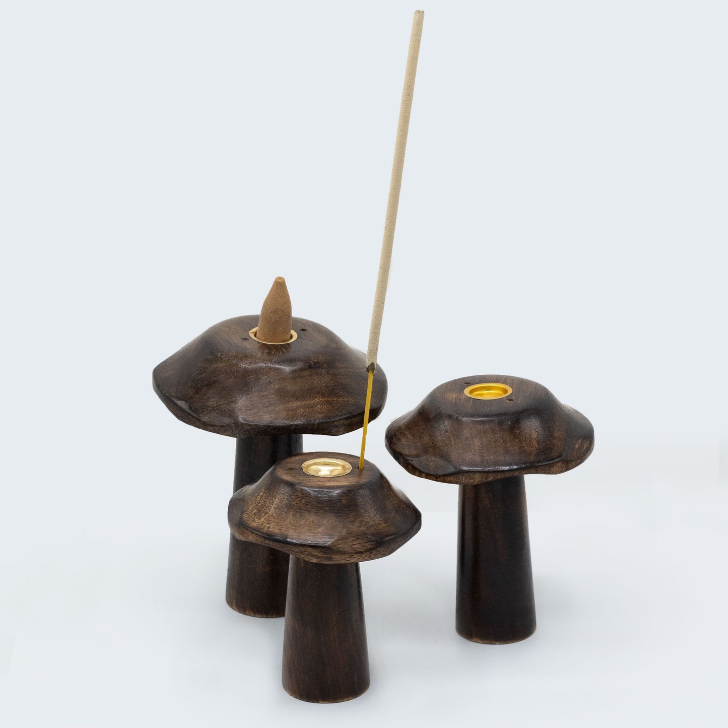 Set of 3 Mango Wood Incense Holders - Flat Mushrooms