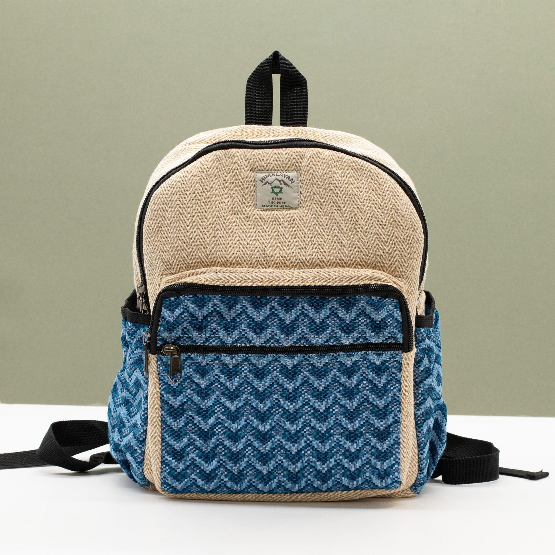 Standard Kathmandu hemp backpack with blue Dhaka design, alternate product view 12 from Quintessential Holistic Health.