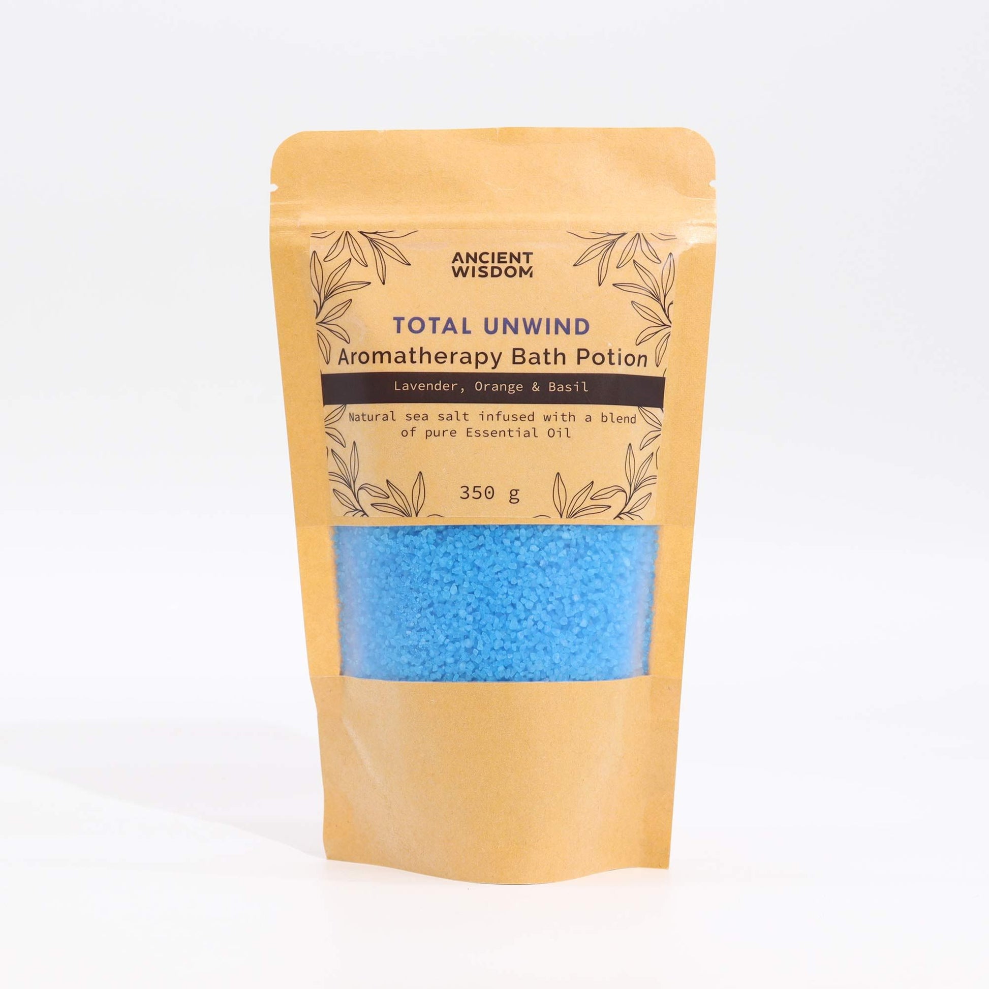Aromatherapy Bath Potion - Kraft Bag - Total Unwind - 350g in a kraft pouch with a clear window of blue granules by Quintessential Holistic Health Ltd
