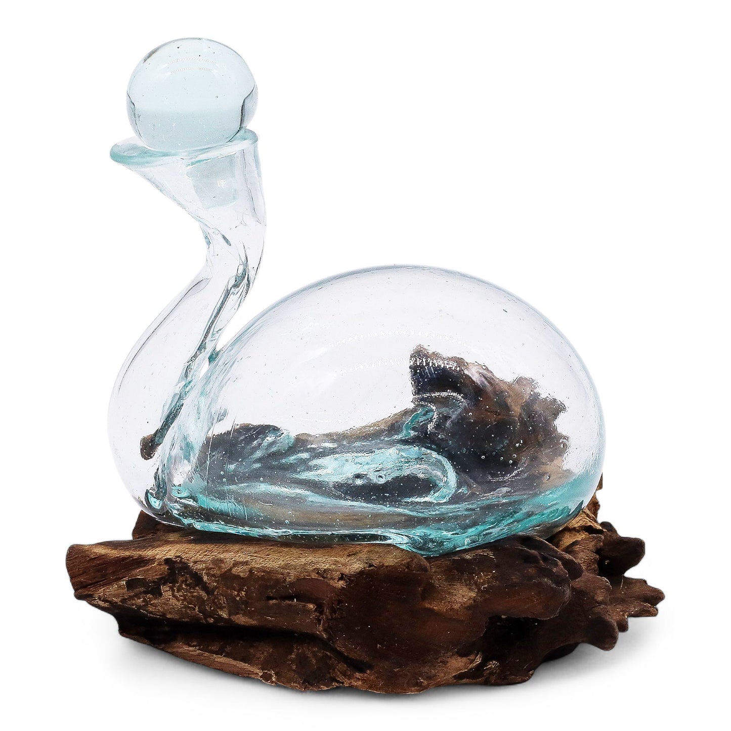 500ml Handmade Molten Recycled Glass Duck Shaped Decanter on Wood - Small / Clear / Light Blue
