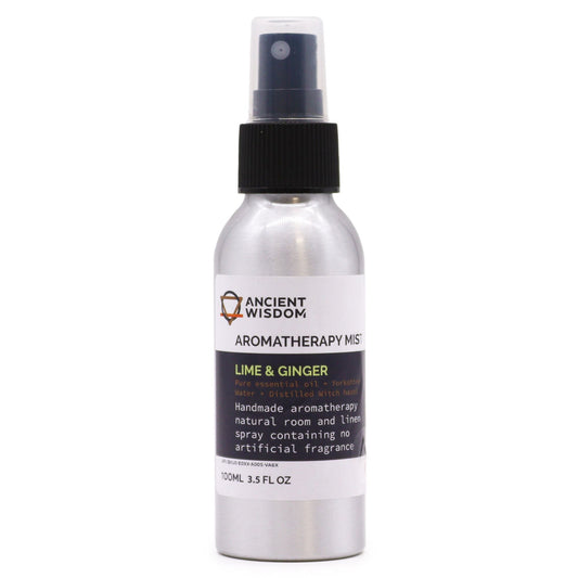 Lime & Ginger 100ml essential oil mist in aluminium spray bottle, main product view from Quintessential Holistic Health.