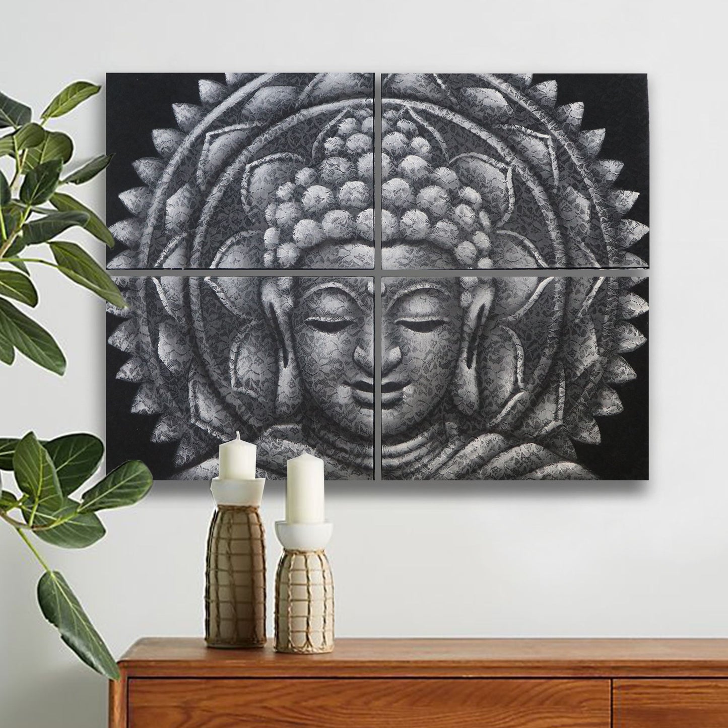 Set of 4 Hand Painted Buddha Mandala - Grey Brocade Detail