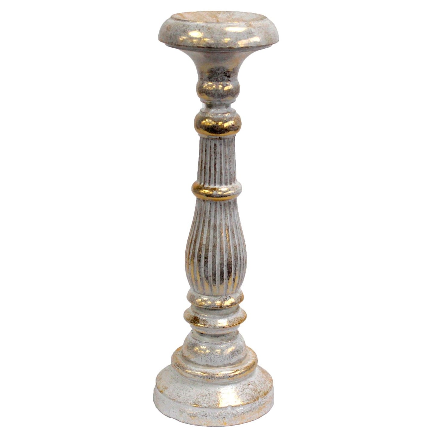 Wooden Handmade and Hand Painted Vintage Candle Holder Stand - Large / White and Gold