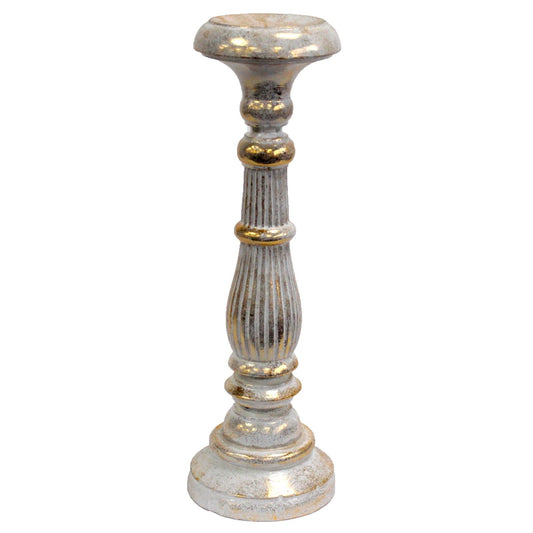 Wooden Handmade and Hand Painted Vintage Candle Holder Stand - Large / White and Gold