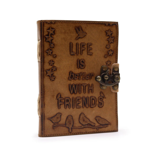 Handmade Leather-Bound Eco-Friendly Journal with Metal Clasp - Medium / Tan / Life is Better with Friends