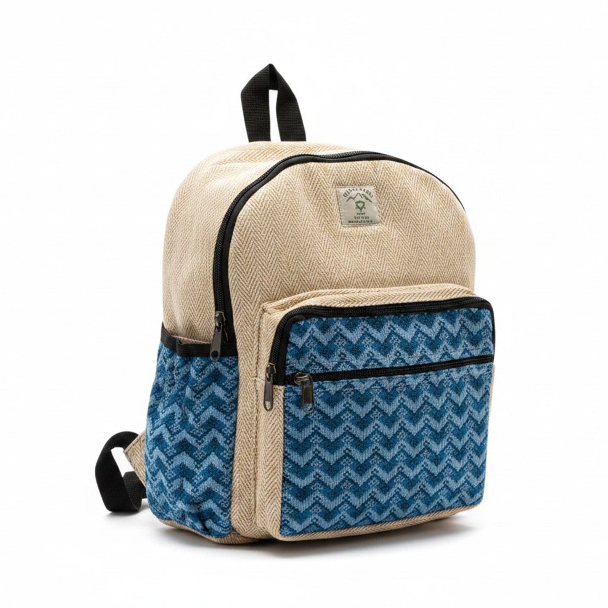 Standard Kathmandu hemp backpack with blue Dhaka design, alternate product view 6 from Quintessential Holistic Health.