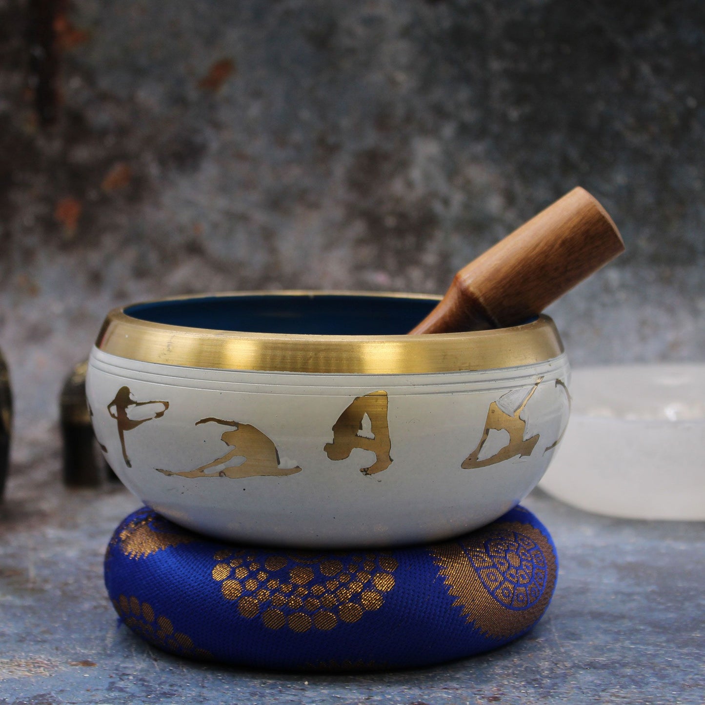 14cm Brass Singing Bowl Set - Yoga Poses / White and Blue