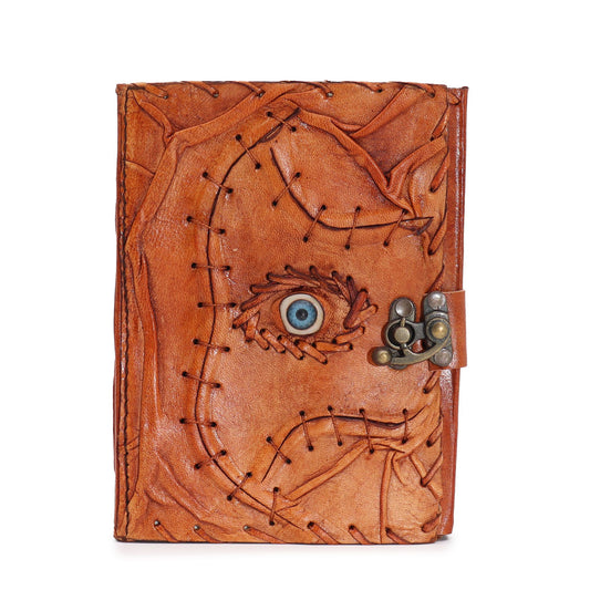 Handmade Leather-Bound Eco-Friendly Deckle Edged Notebook with Metal Clasp - Medium / Light Brown / Evil Eye