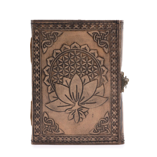 Handmade Leather-Bound Eco-Friendly Notebook with Metal Clasp - Medium / Brown and Tan / Lotus Mandala