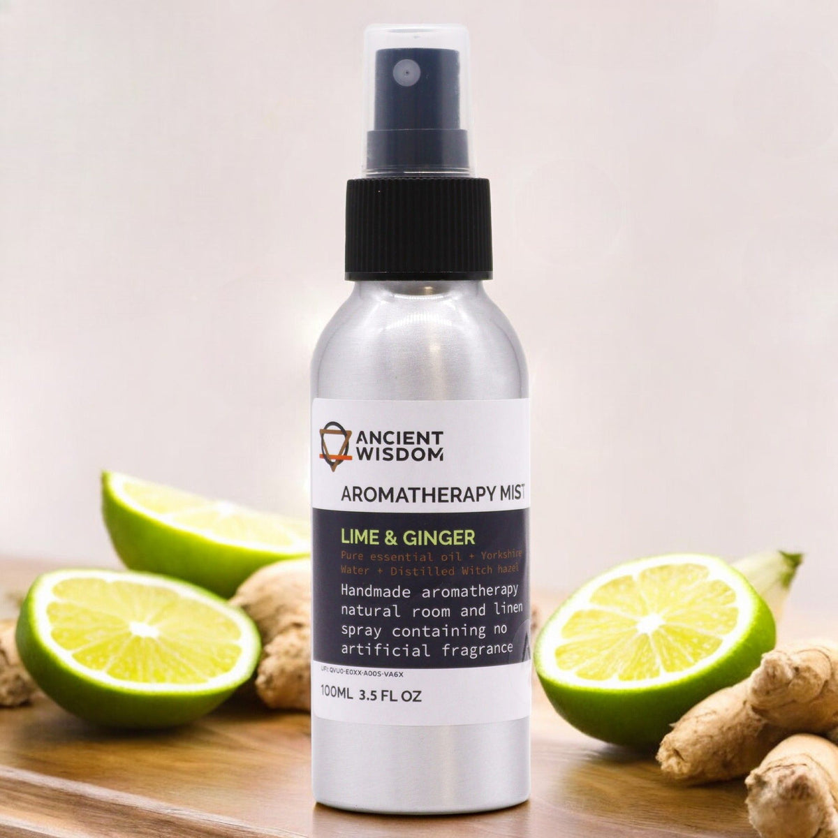 Lime & Ginger 100ml essential oil mist in aluminium spray bottle, alternate product view from Quintessential Holistic Health.