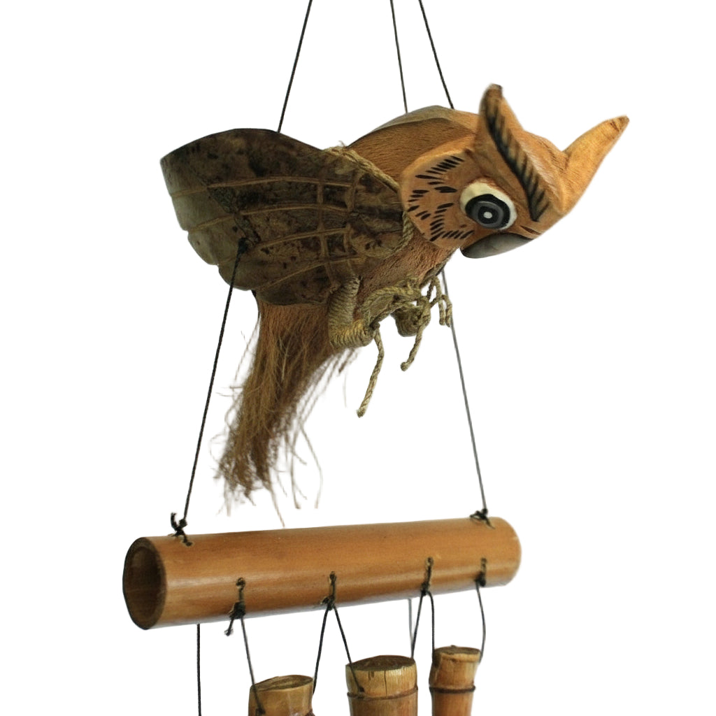 Handcrafted Coconut Shell and Bamboo Wind Chime - Owl