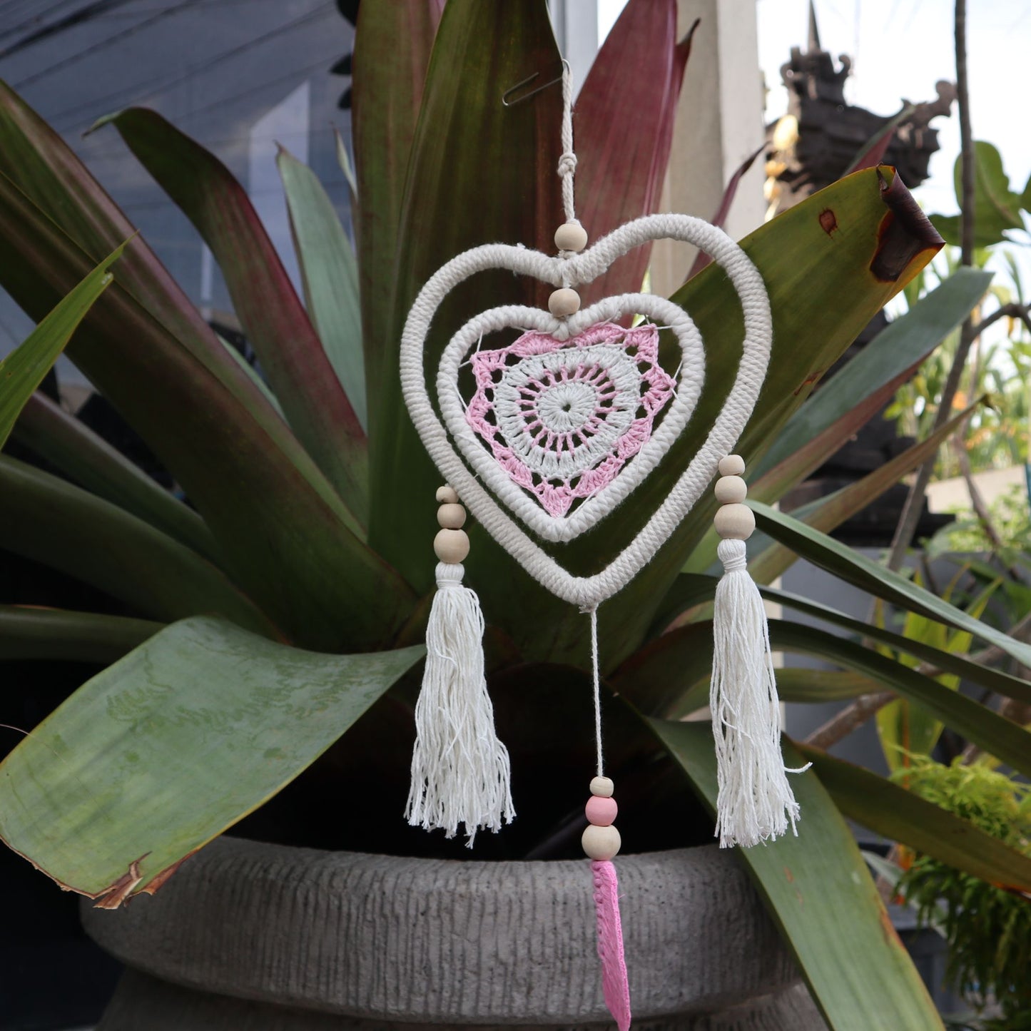 Eco-Friendly Hand Crafted Rattan and Cotton with Wooden Beaded Dreamcatcher - Medium / Heart in Heart / Pink
