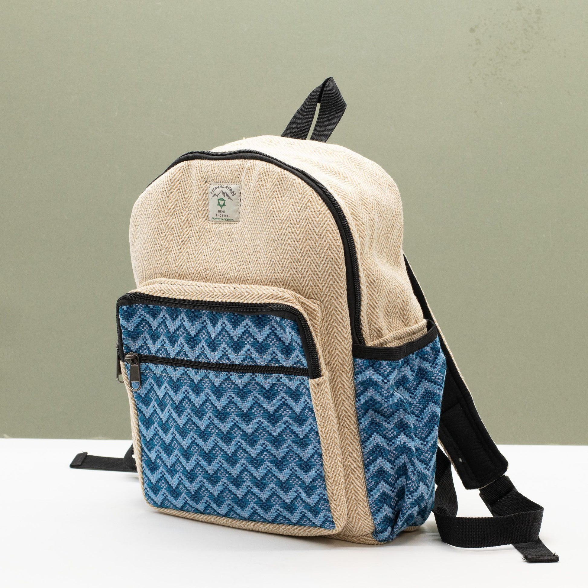 Standard Kathmandu hemp backpack with blue Dhaka design, alternate product view 8 from Quintessential Holistic Health.