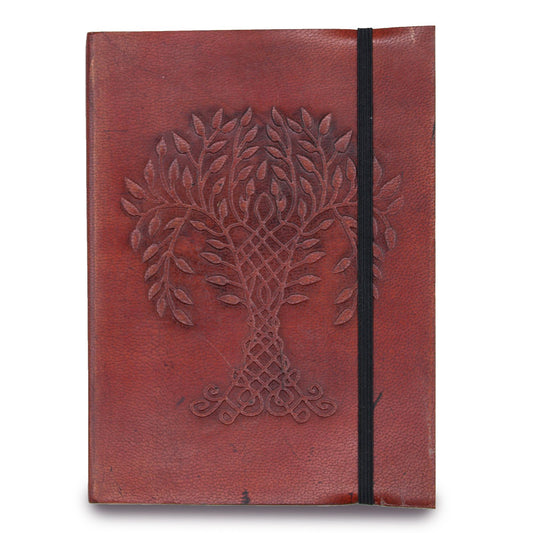Handmade Vegetable Tanned Leather-Bound Eco-Friendly Notebook with Wrap - Medium / Burgundy / Tree of Life