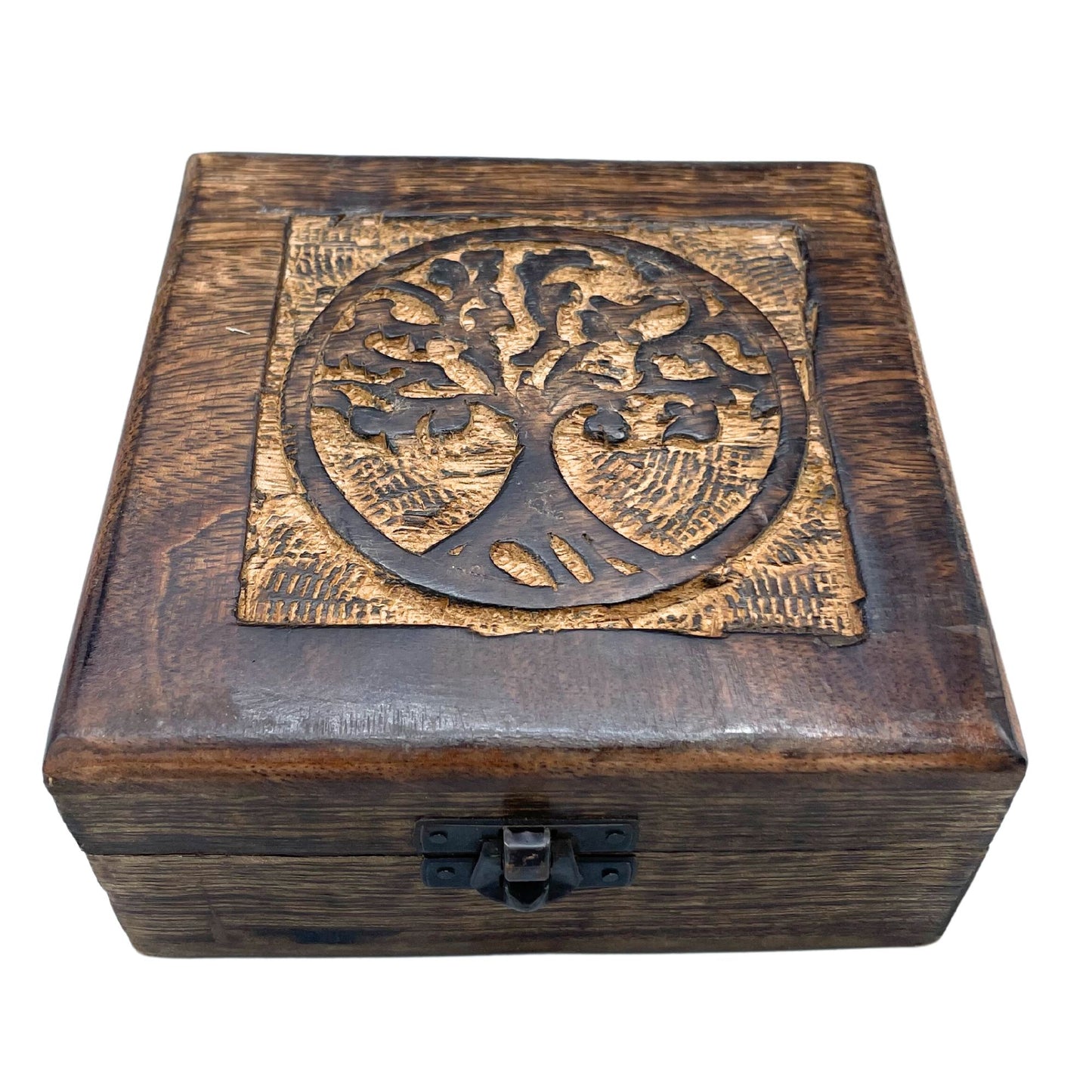 Hand Carved Mango Wood Vintage Style Keepsake Box - Medium / Square / Tree of Life