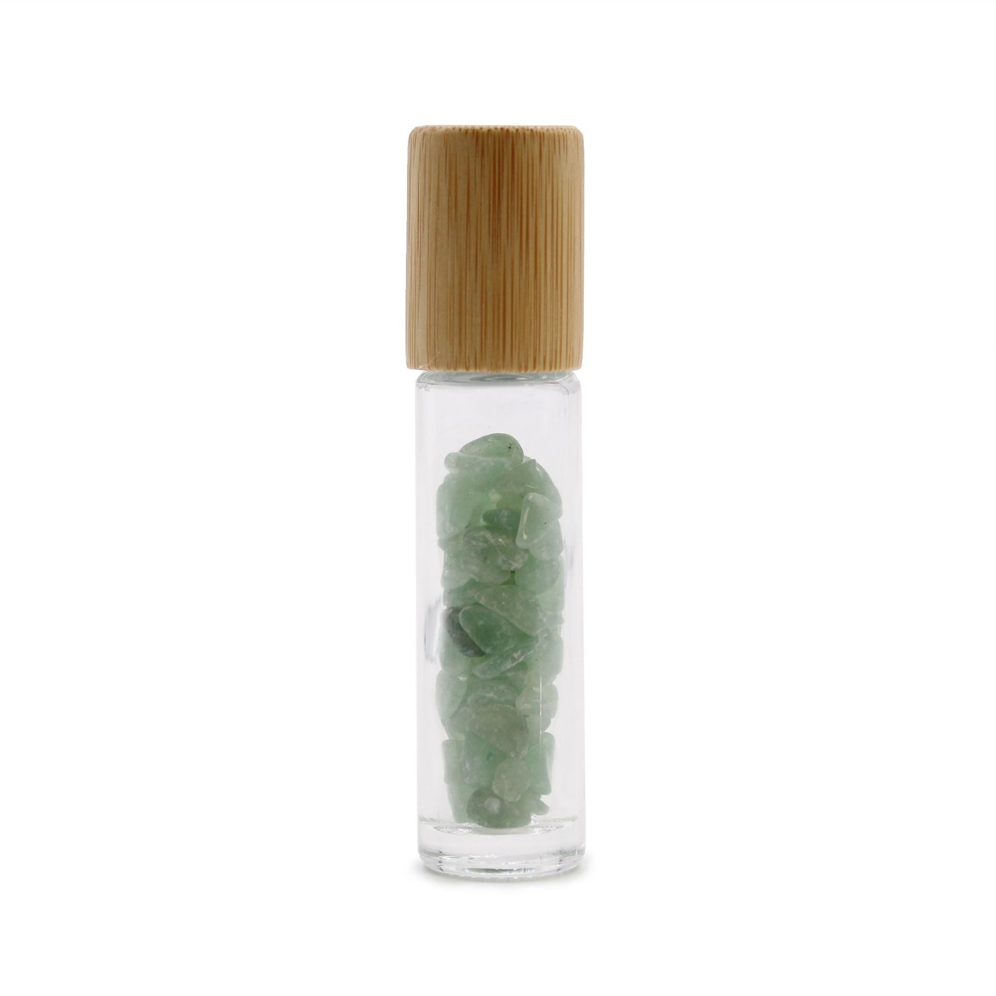Aventurine 10ml gemstone roller bottle with wooden cap and visible stone pieces, main product view from Quintessential Holistic Health.